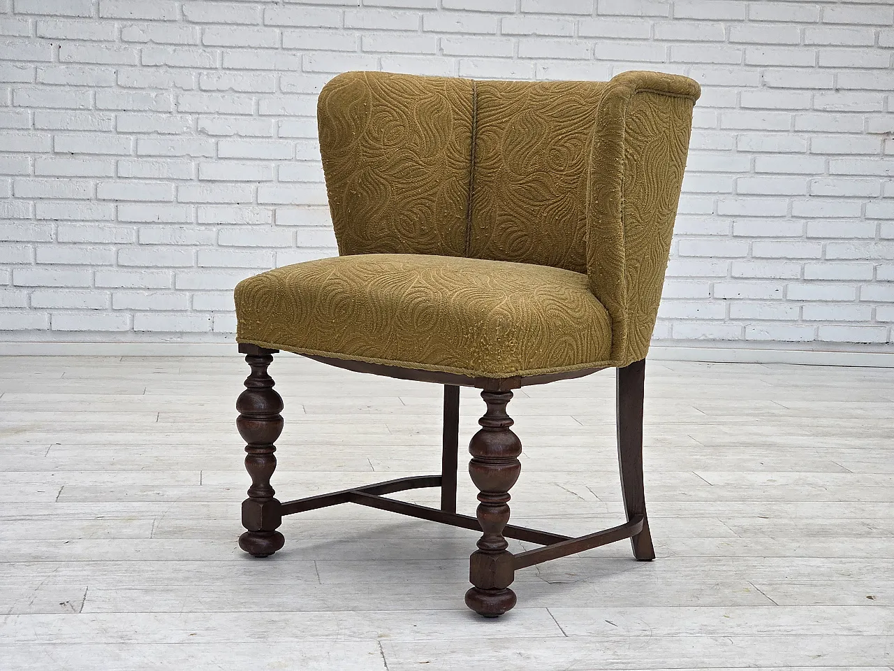 Poltrona lounge danese in velluto/lana, rovere scuro, anni '50 17