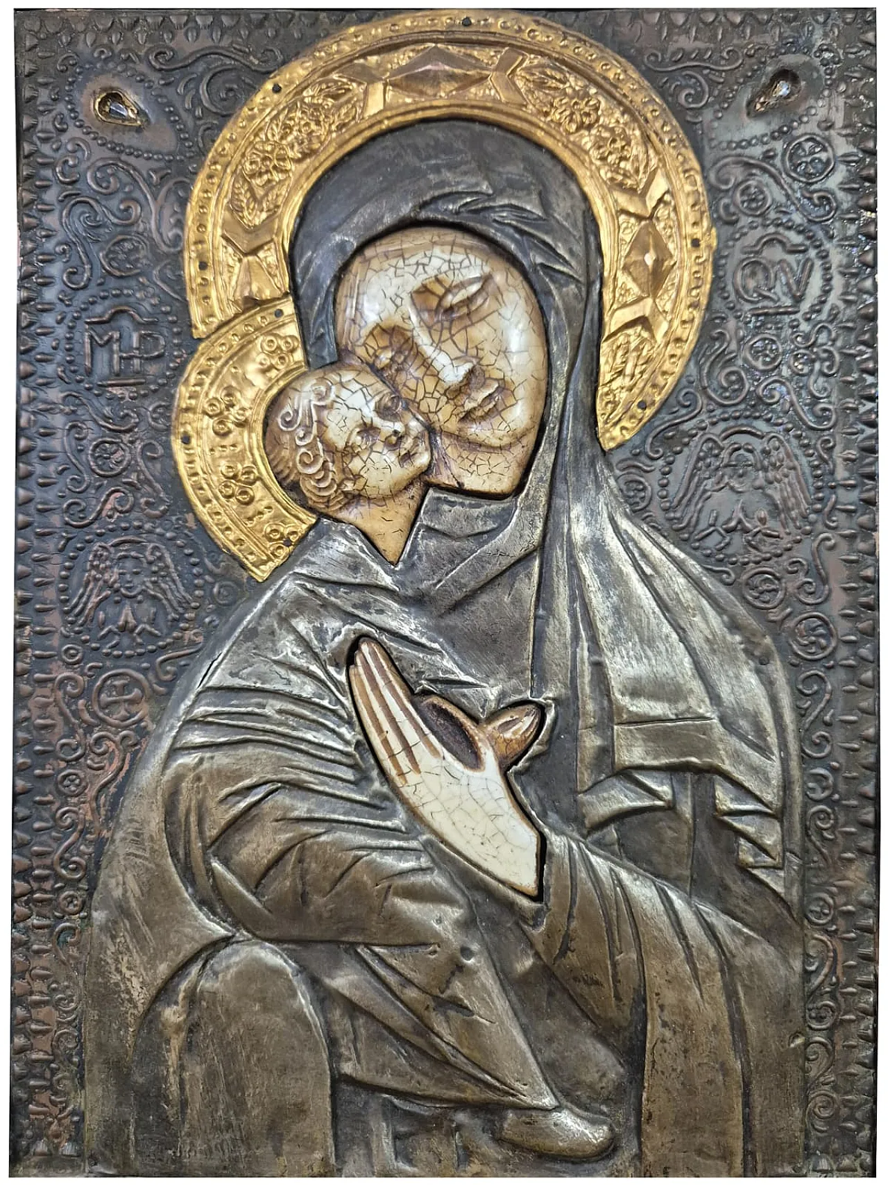 Icona sacra Madonna col Bambino in metallo sbalzato e inserti ceramici 9