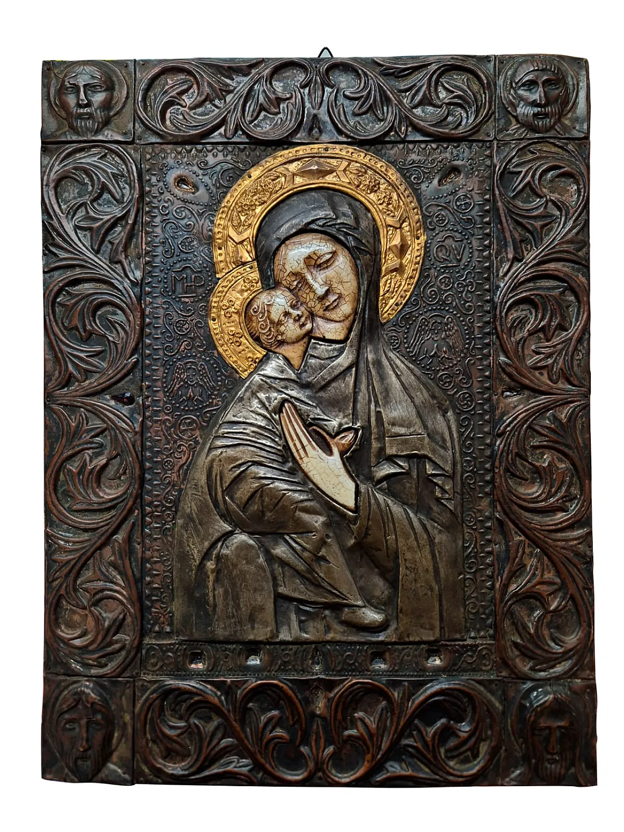Icona sacra Madonna col Bambino in metallo sbalzato e inserti ceramici 14