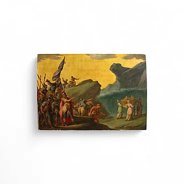 Italian painting on wood the crossing of the Jordan, 18th century