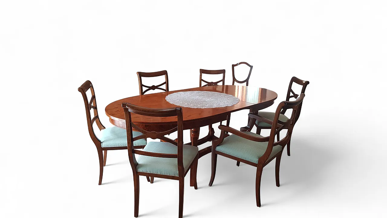Extendable oval dining table in walnut root with mot inlays, 70s 11