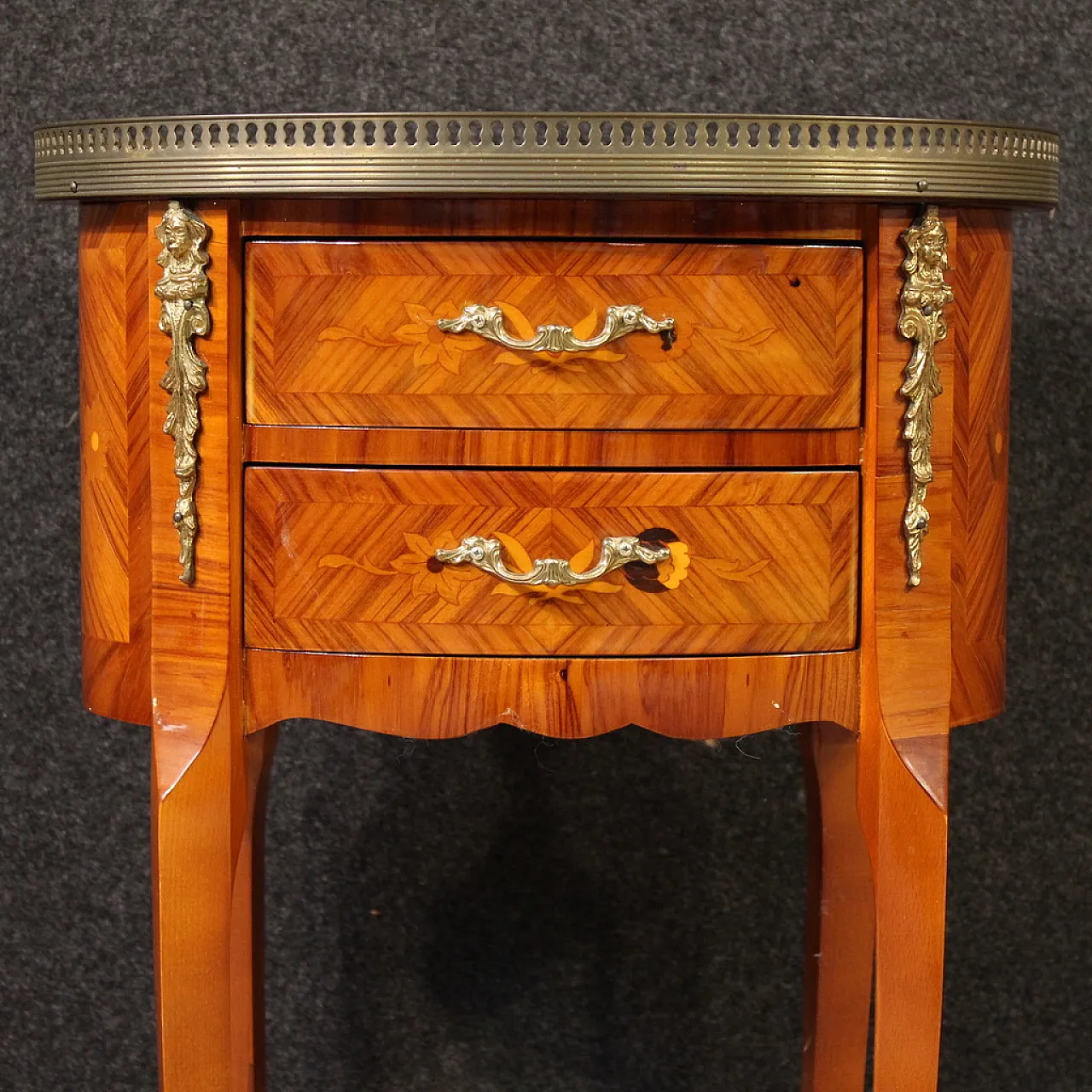 Coppia di comodini francesi ovali intarsiati, '900 5