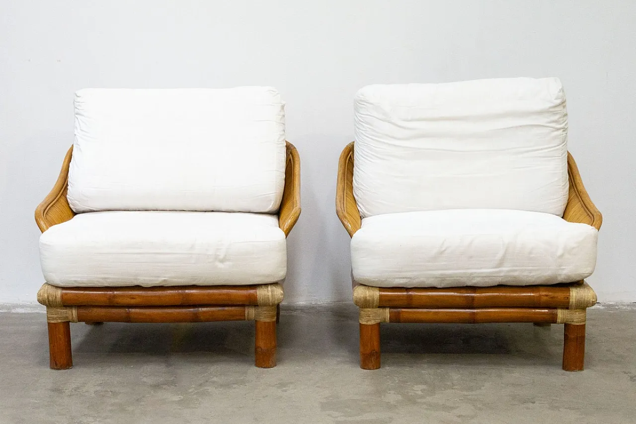 Coppia di poltrone in legno e bambù, anni '70 2