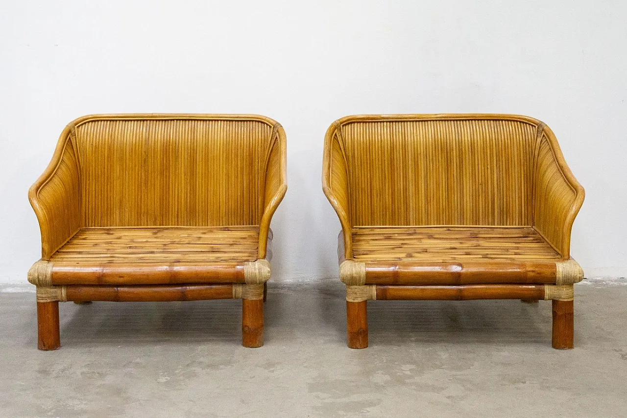 Coppia di poltrone in legno e bambù, anni '70 9