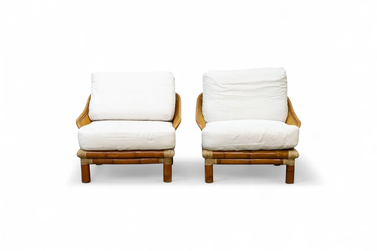 Coppia di poltrone in legno e bambù, anni '70 17