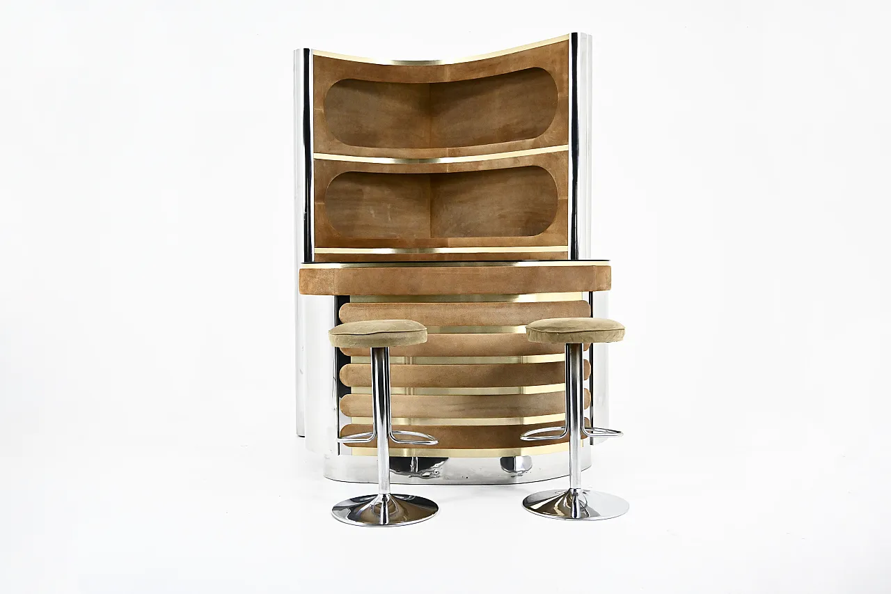 Set bar con 2 sgabelli attribuito a Willy Rizzo, anni '70 1