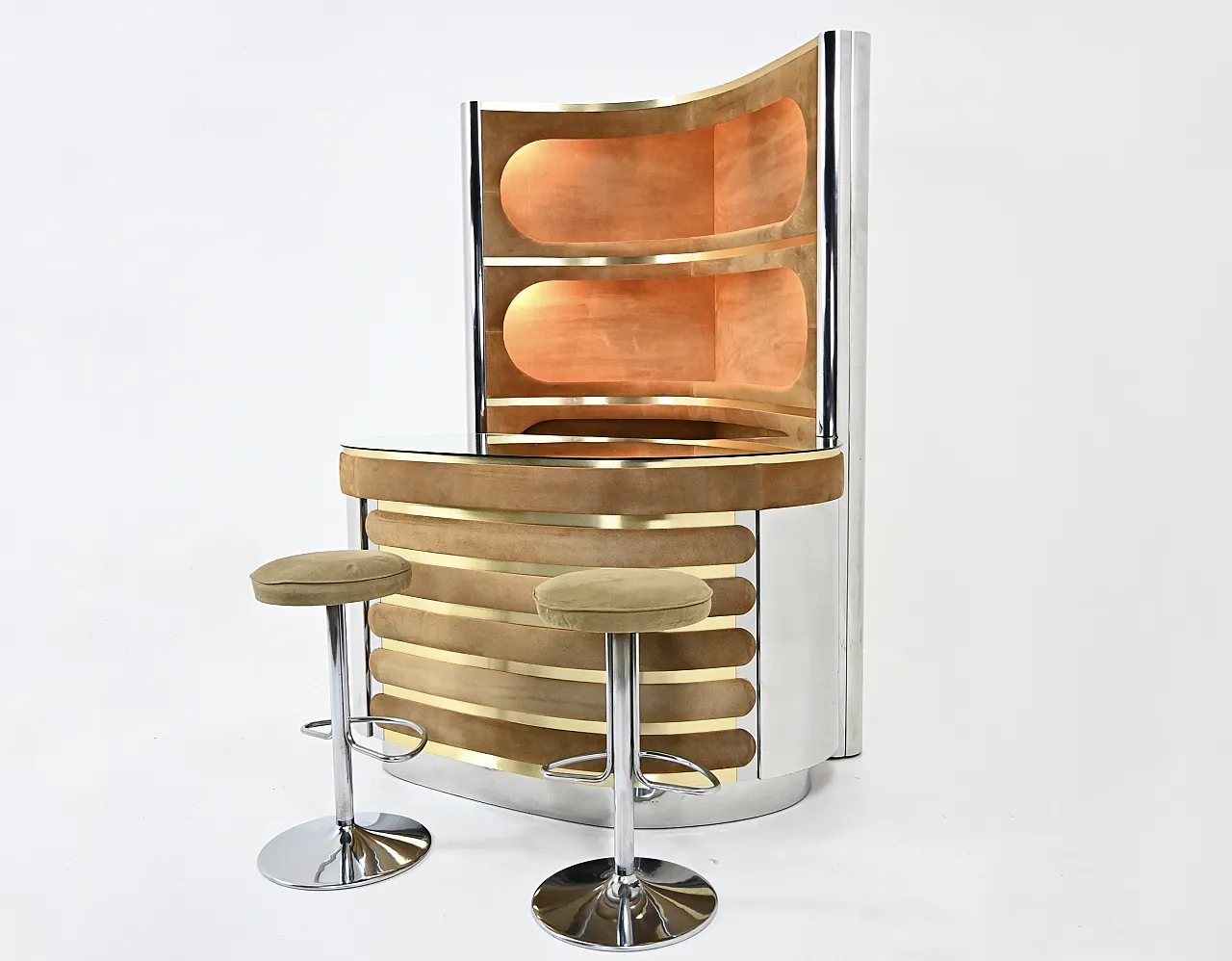 Set bar con 2 sgabelli attribuito a Willy Rizzo, anni '70 6