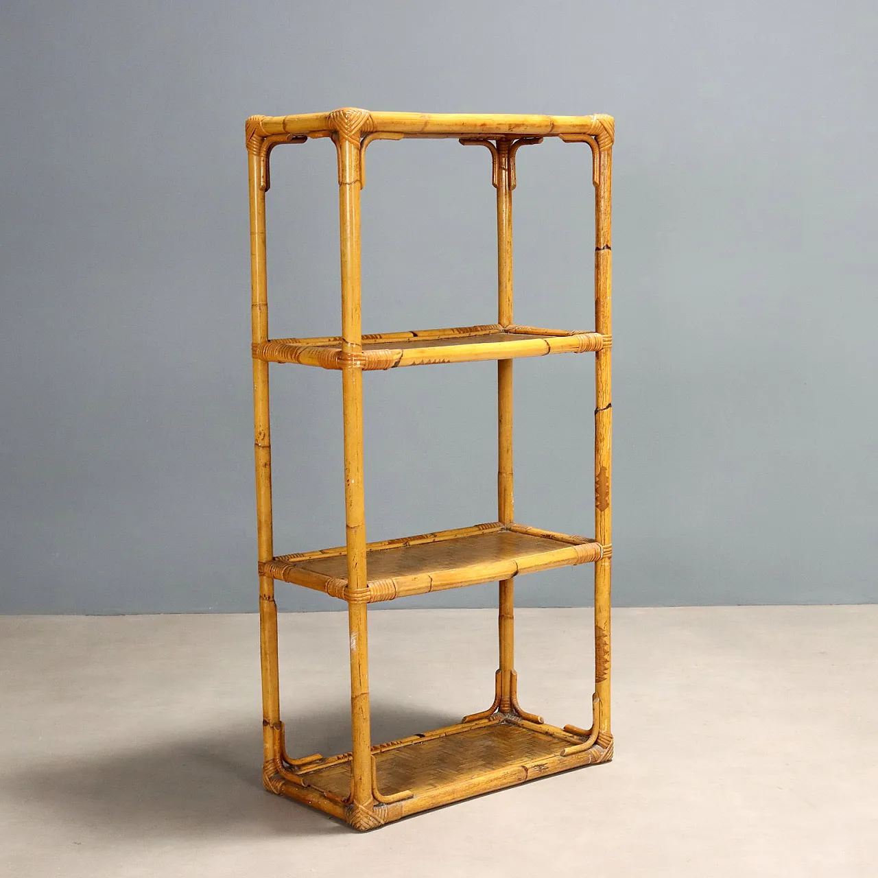 Bookcase with bamboo frame and four wicker shelves, 20th century 9