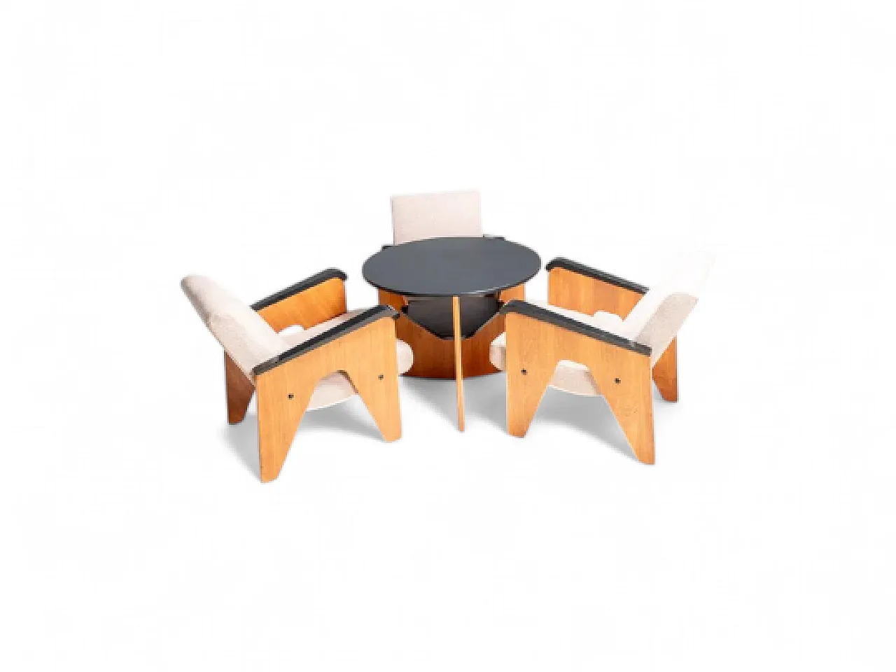 3 Poltrone con tavolino in legno, anni '50 7