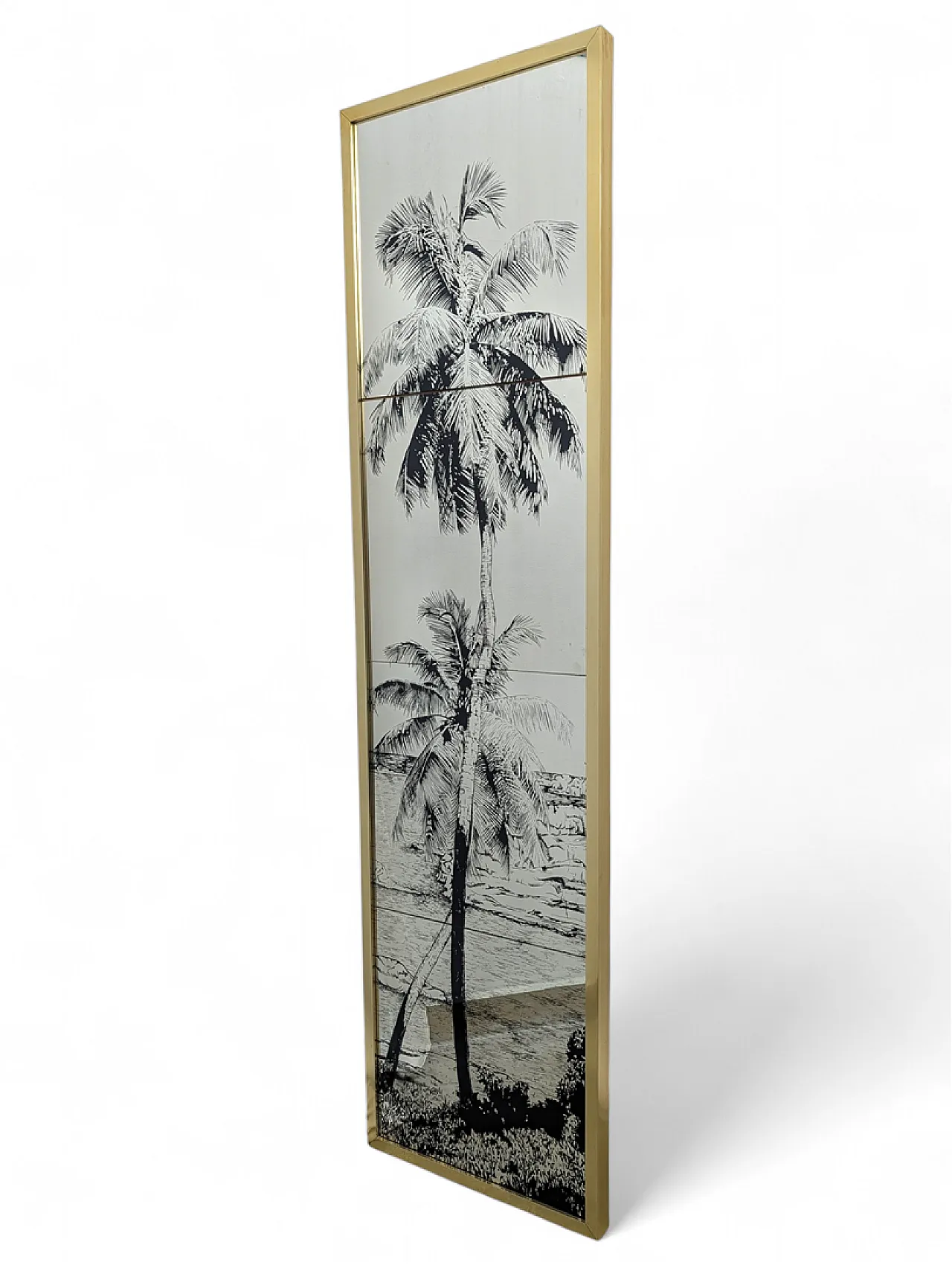 Specchio verticale incorniciato in ottone e serigrafato, anni '70 1