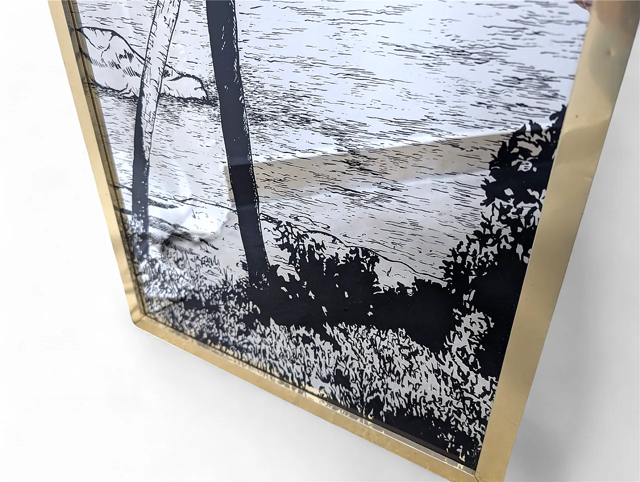 Specchio verticale incorniciato in ottone e serigrafato, anni '70 5