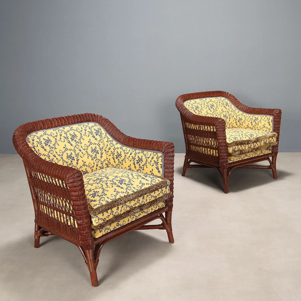 Pair of rattan armchairs with padded back and seat, 20th century 1