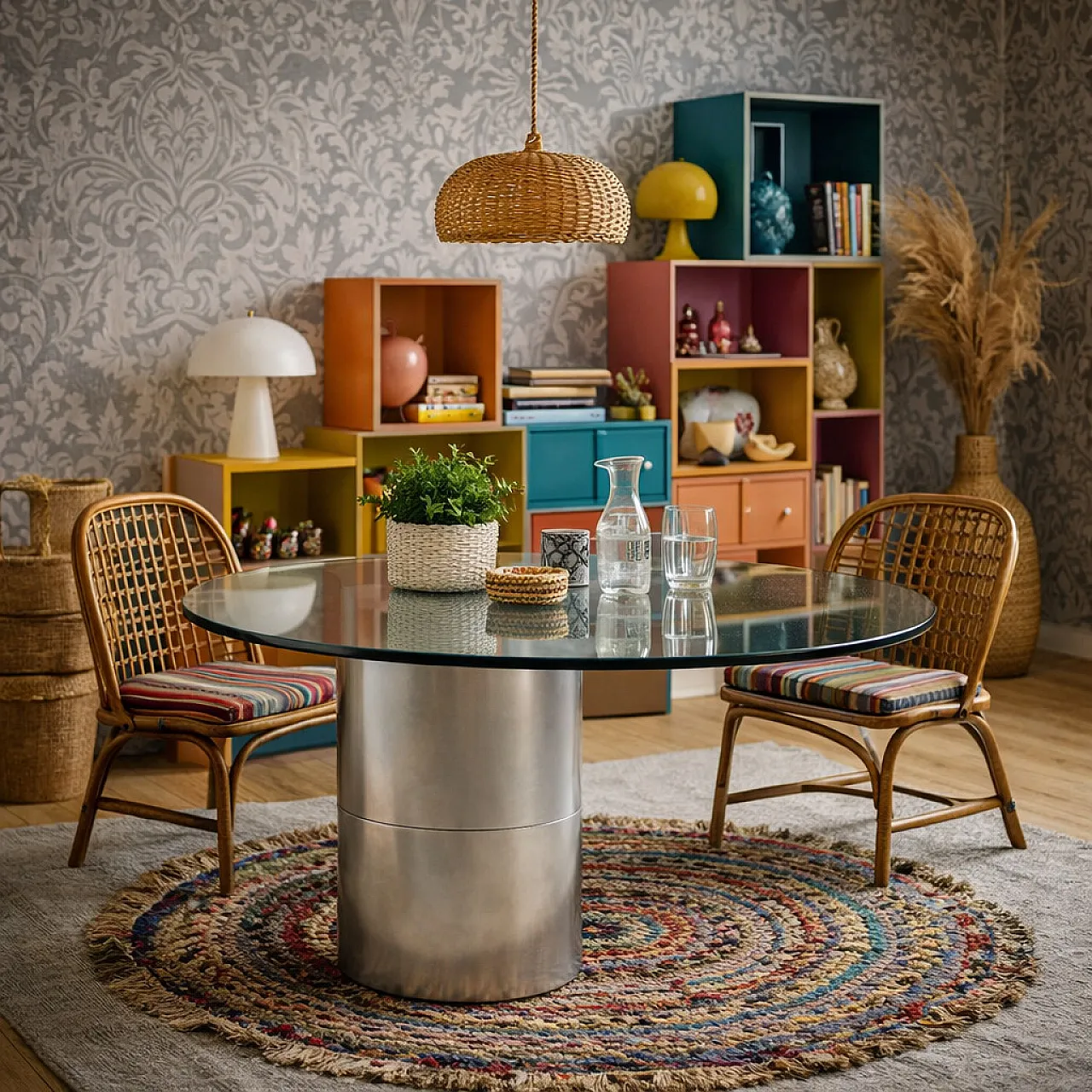 Tavolo con piano in vetro e base in acciaio stampato, '900 2