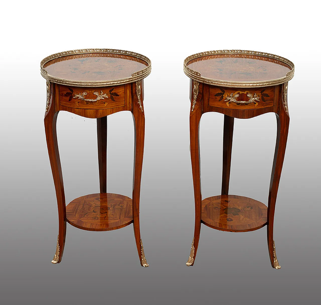 Pair of Napoleon III coffee tables in fine exotic woods, 19th century 1