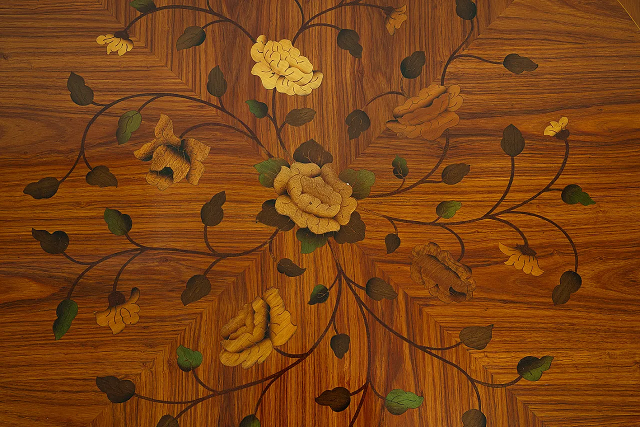 Tavolino da salotto in legni esotici pregiati, primo '900 2