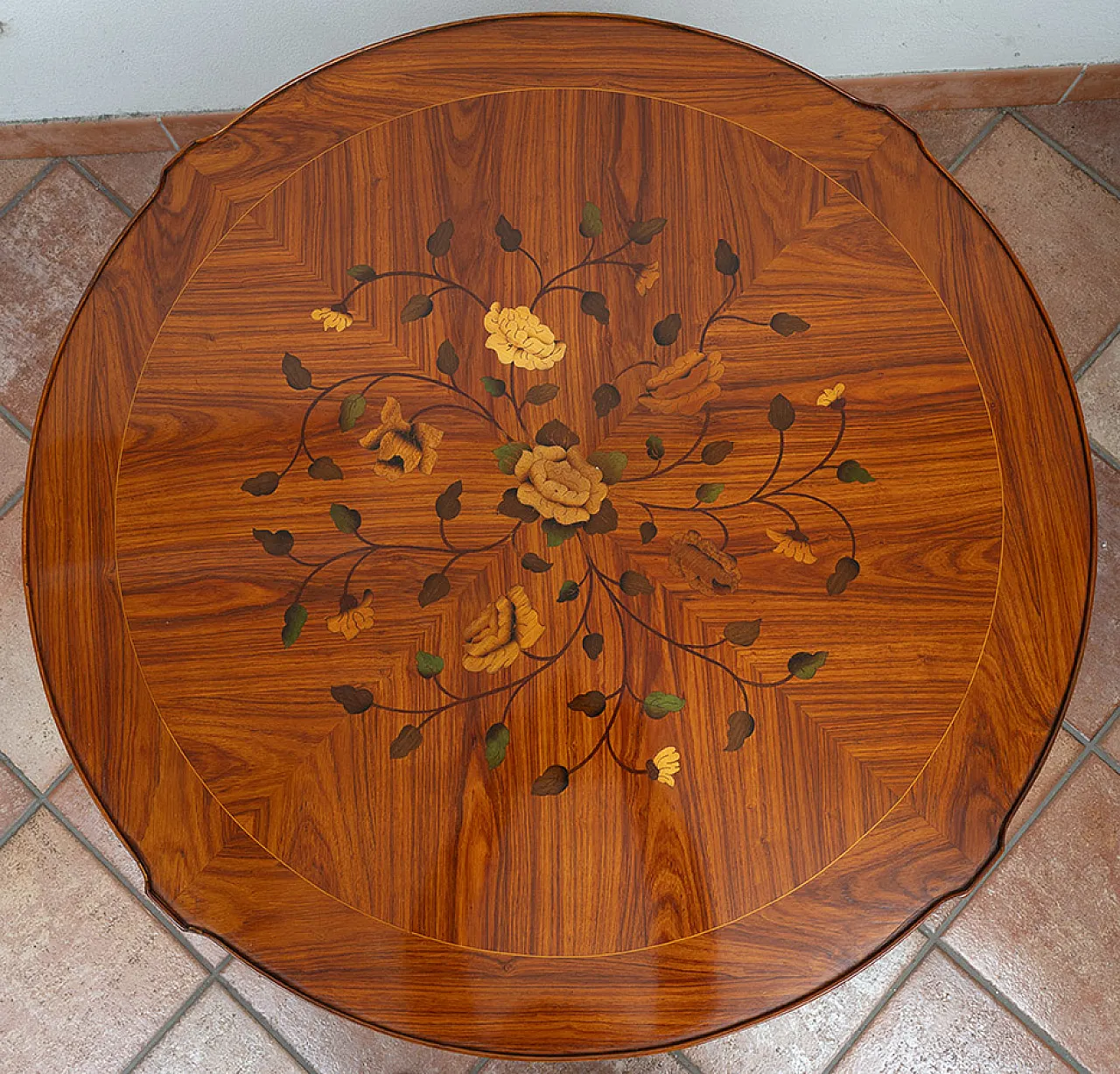 Tavolino da salotto in legni esotici pregiati, primo '900 3