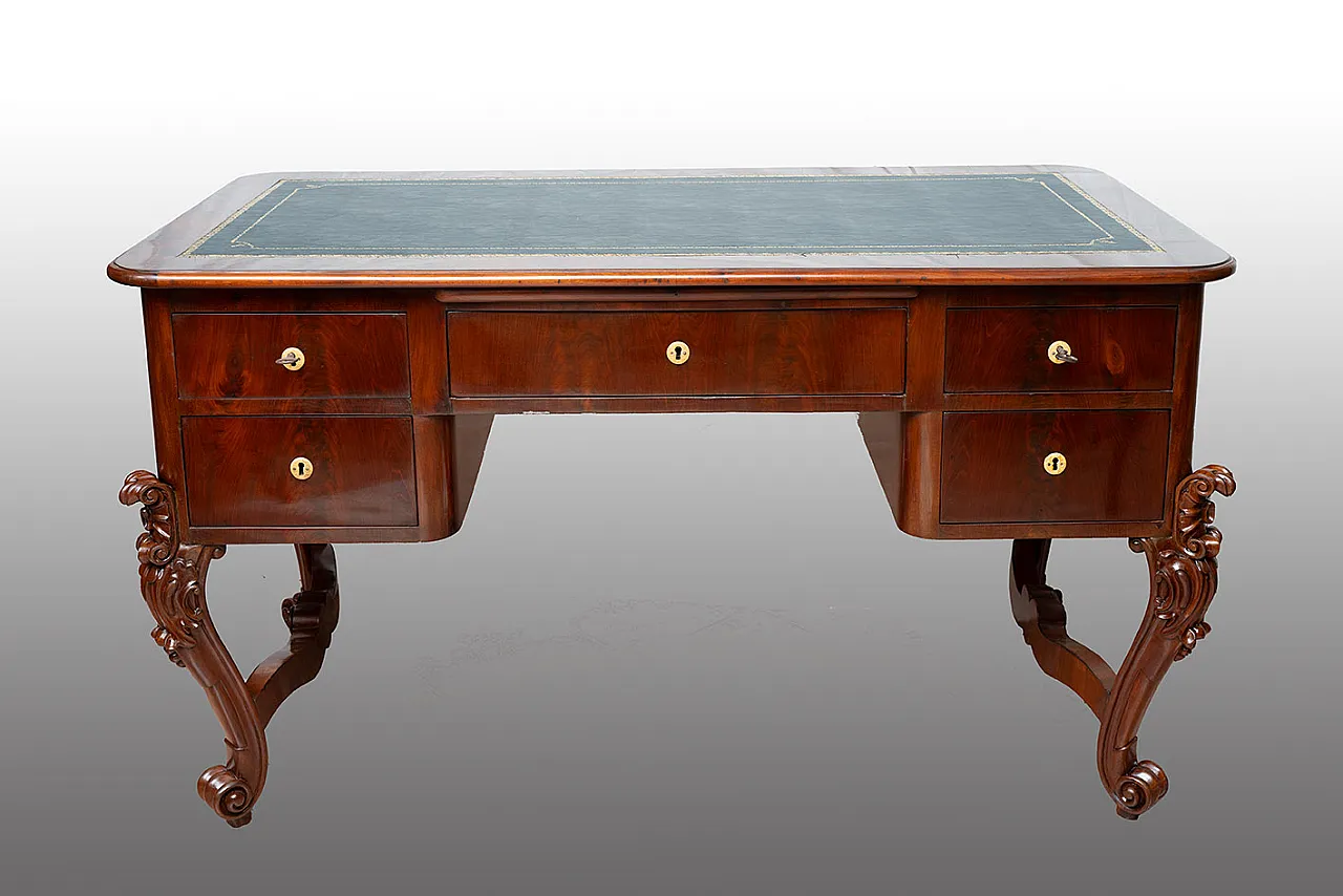 Scrivania Luigi Filippo in piuma di mogano con piano, primo '800 1
