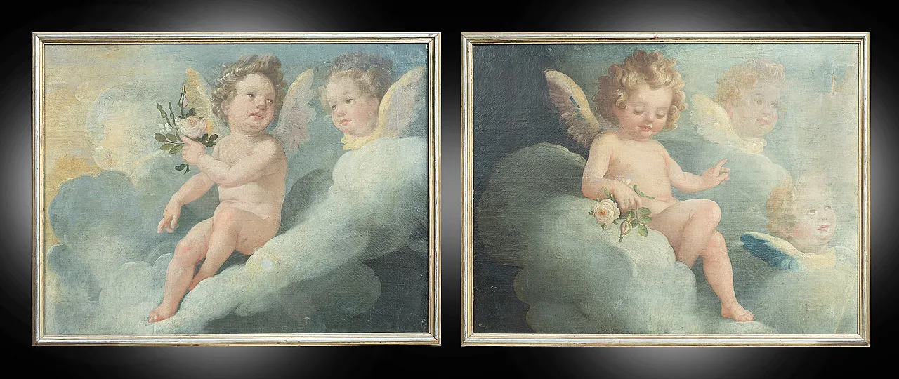 Coppia di dipinti olio su tela raffigurante putti, '800 1