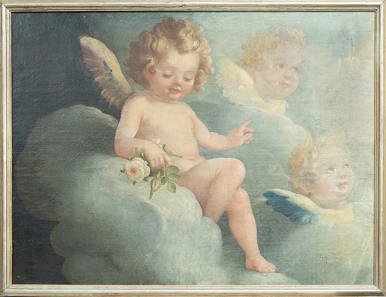 Coppia di dipinti olio su tela raffigurante putti, '800 2