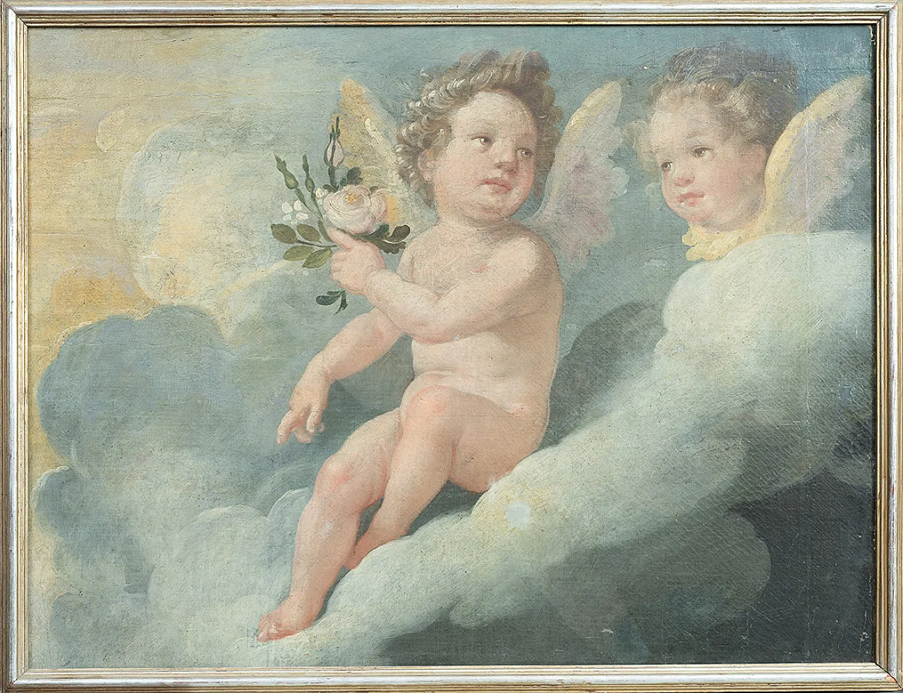 Coppia di dipinti olio su tela raffigurante putti, '800 3