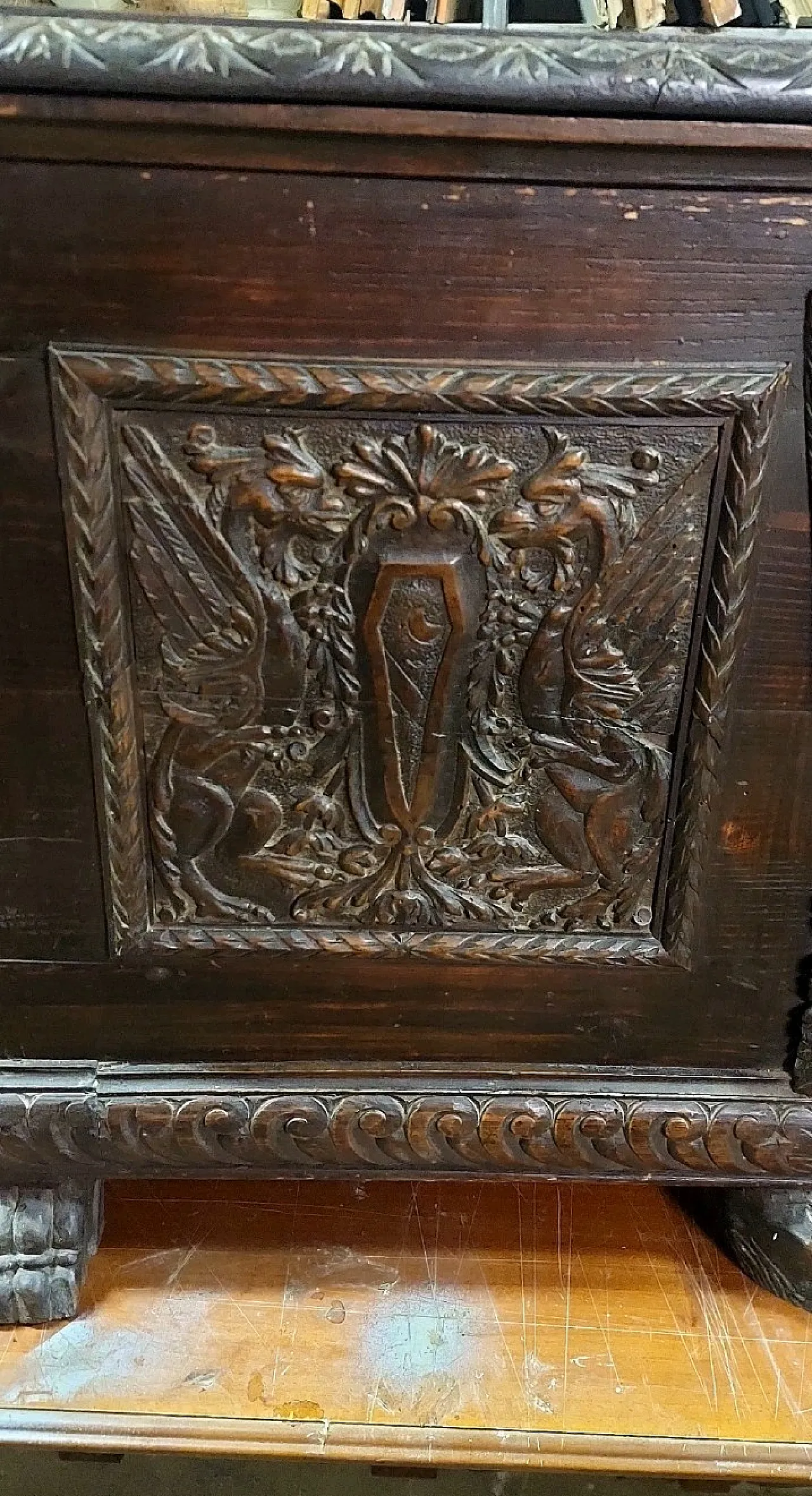 Carved wooden case with coats of arms and winged griffins,19th century 5