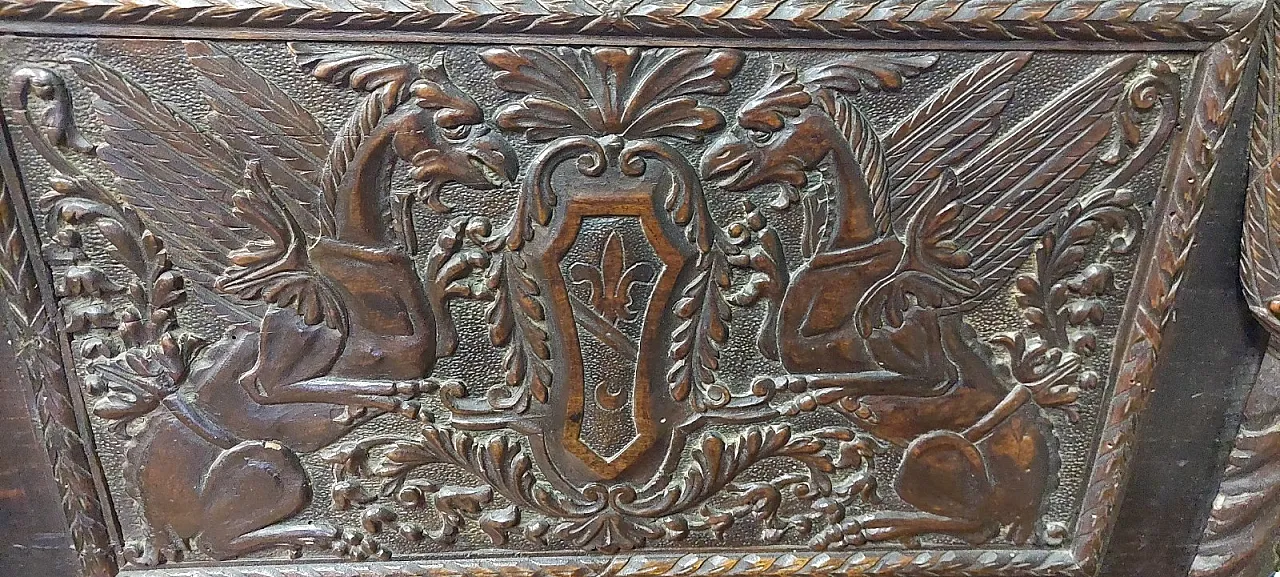 Carved wooden case with coats of arms and winged griffins,19th century 6