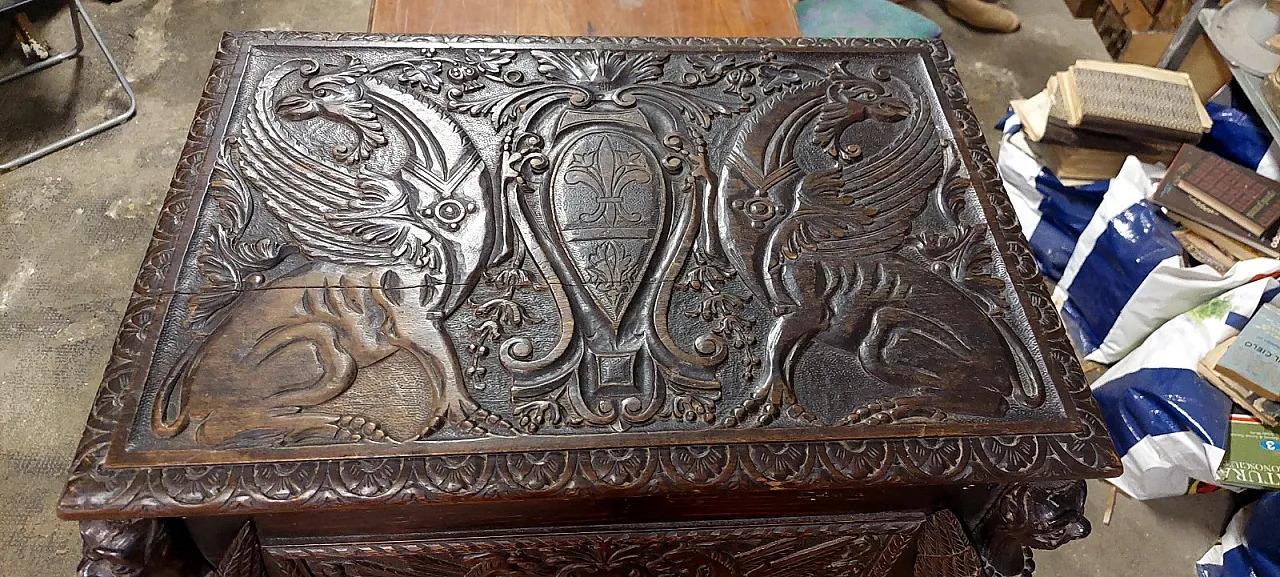 Carved wooden case with coats of arms and winged griffins,19th century 7