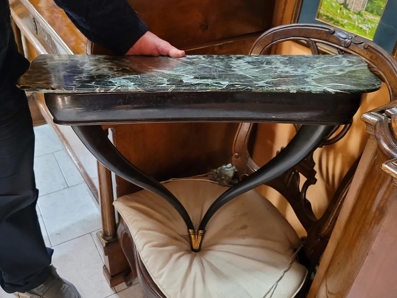Wall console in ebonized wood and green marble, early 20th century 2
