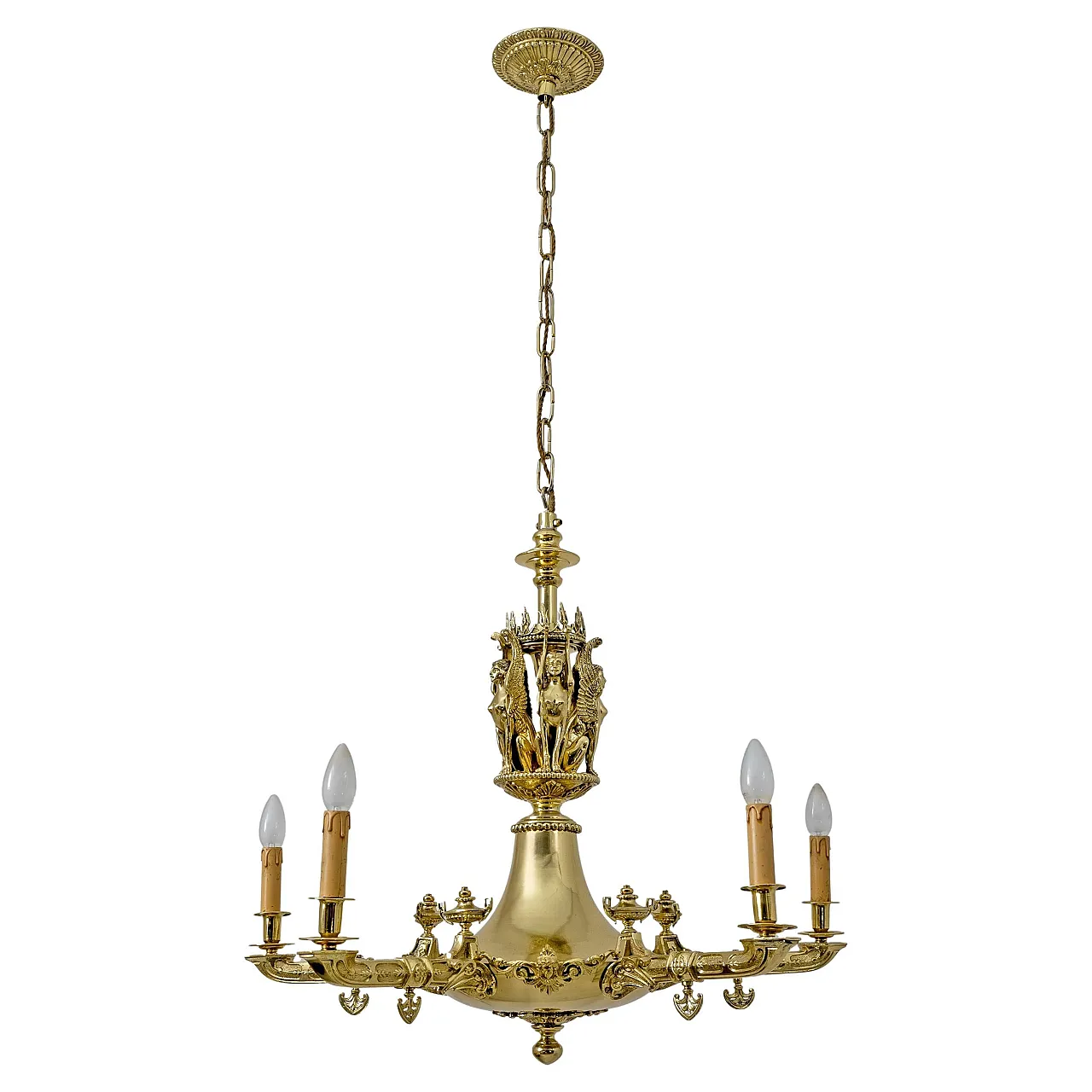 Lampadario in bronzo dorato stile Impero con figure alate, primo '800 1