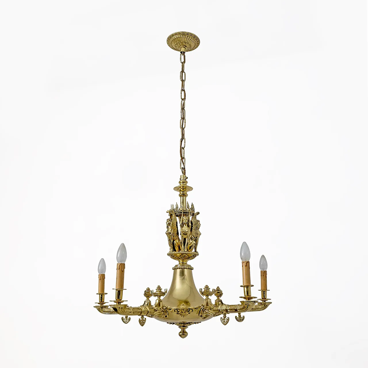 Lampadario in bronzo dorato stile Impero con figure alate, primo '800 2