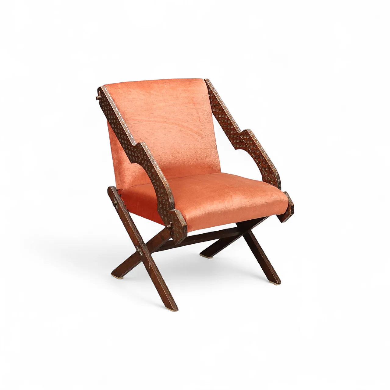 Poltrona in legno e tessuto con braccioli a vista, '900 9