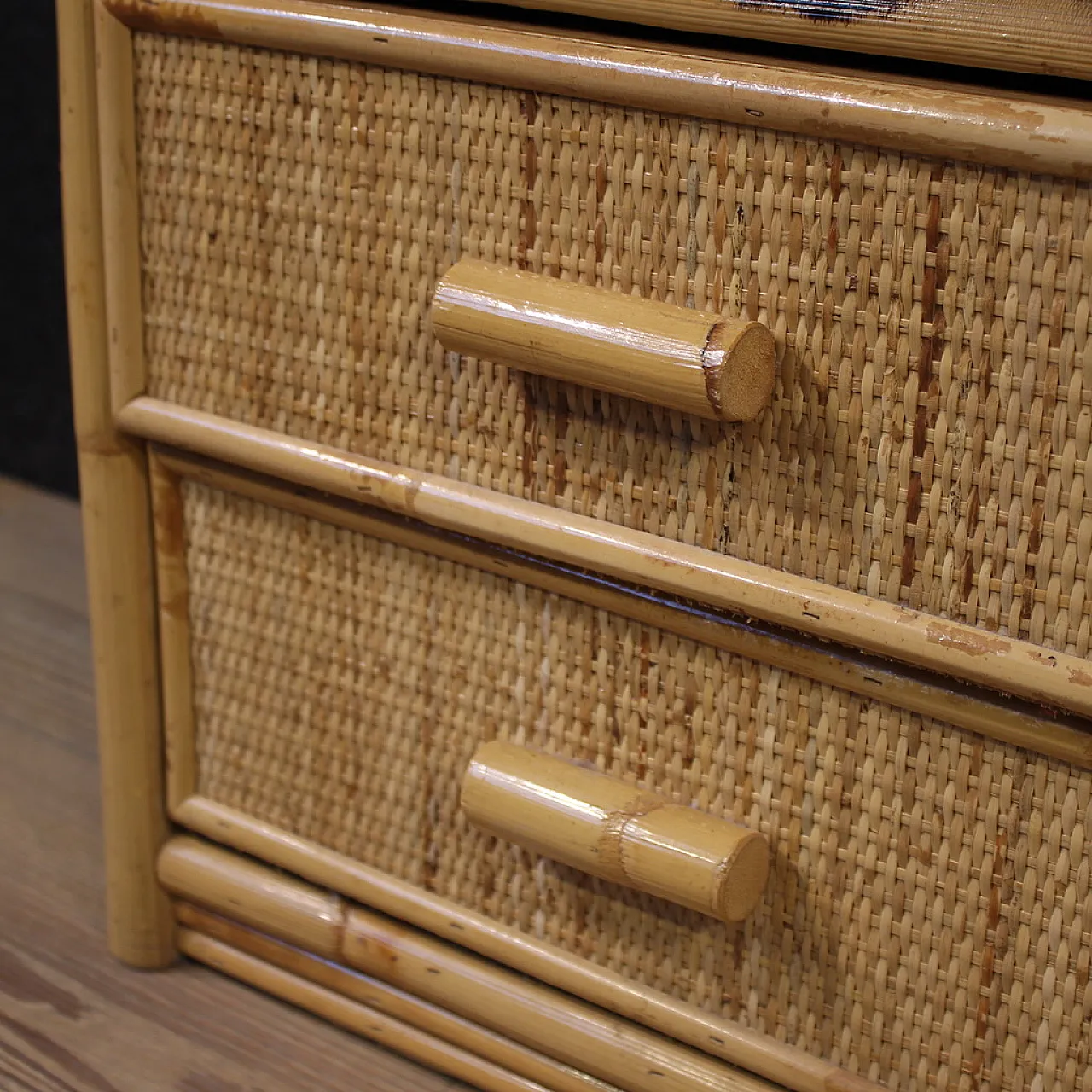 Coppia di comodini in bambù, anni '80 8