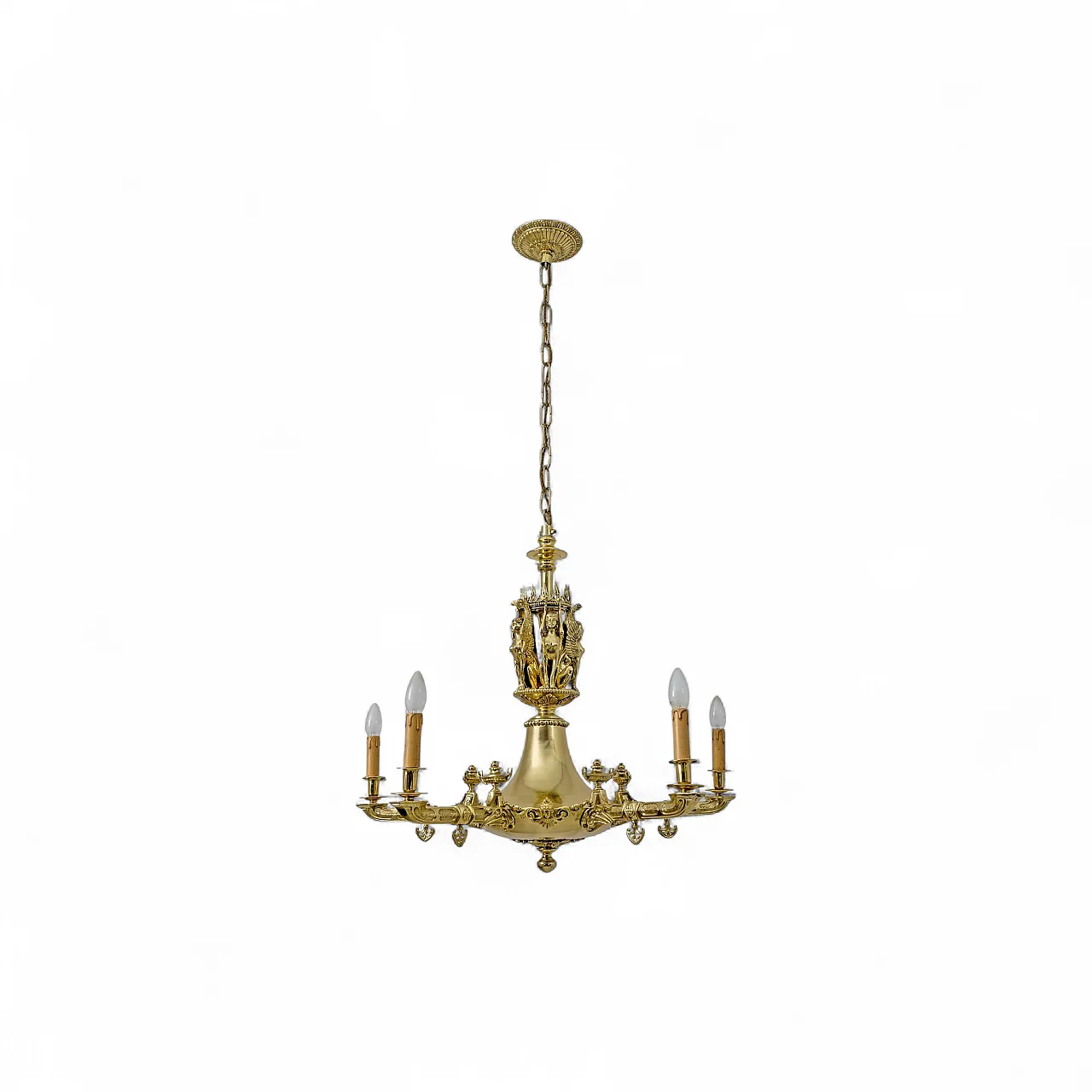 Lampadario in bronzo dorato stile Impero con figure alate, primo '800 13