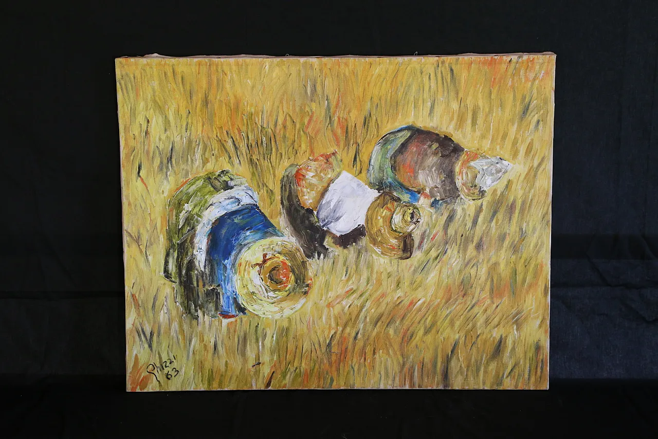 The gleaners oil on spatula textured impressionist canvas, 70s 1