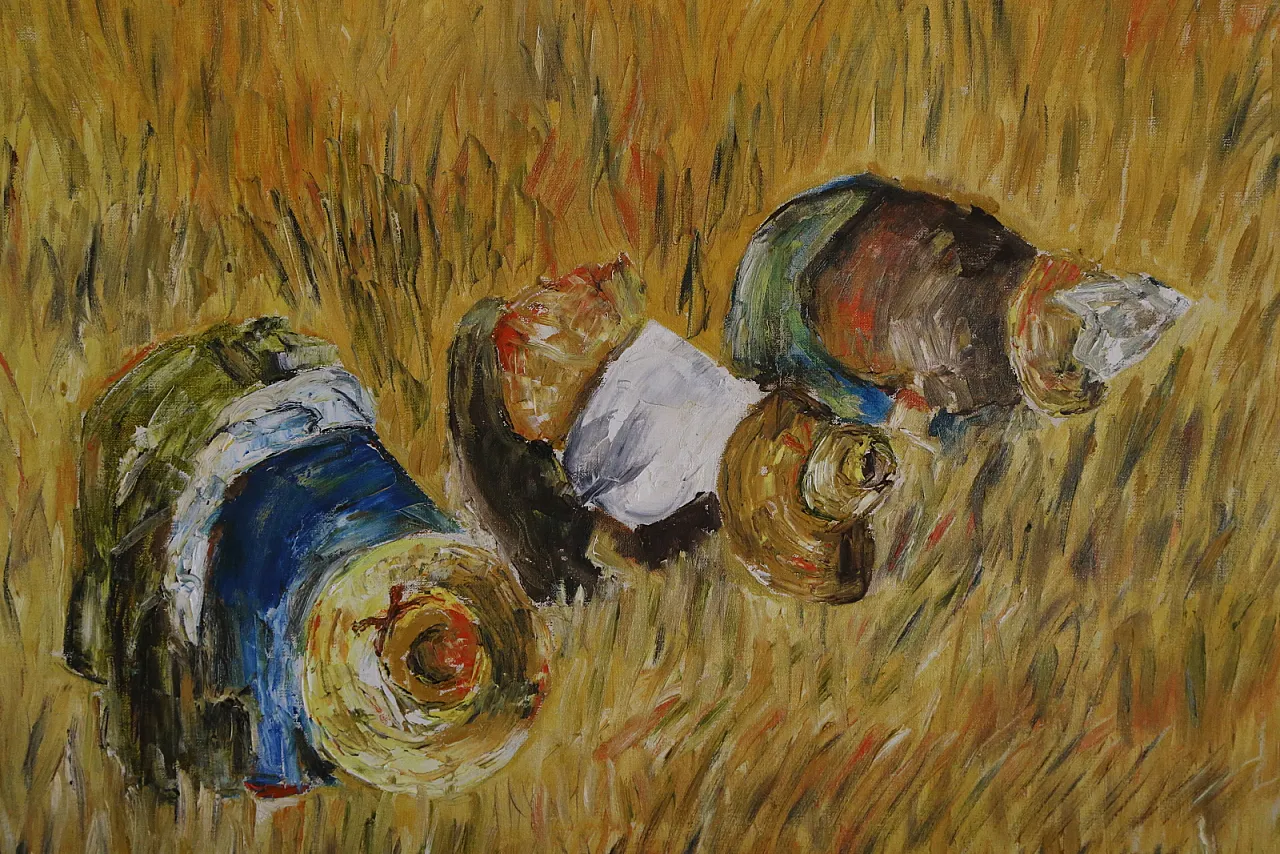 The gleaners oil on spatula textured impressionist canvas, 70s 3