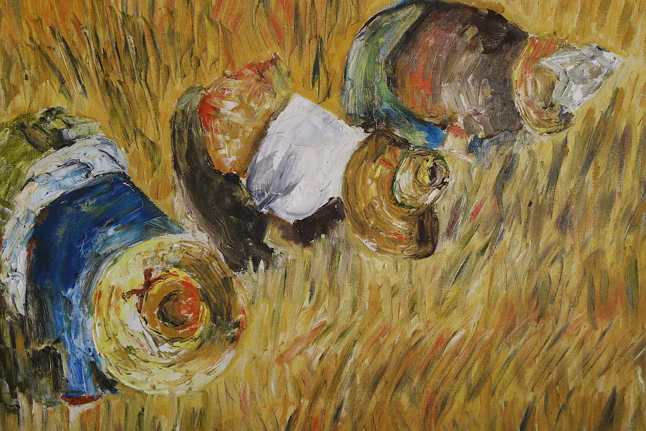 The gleaners oil on spatula textured impressionist canvas, 70s 4