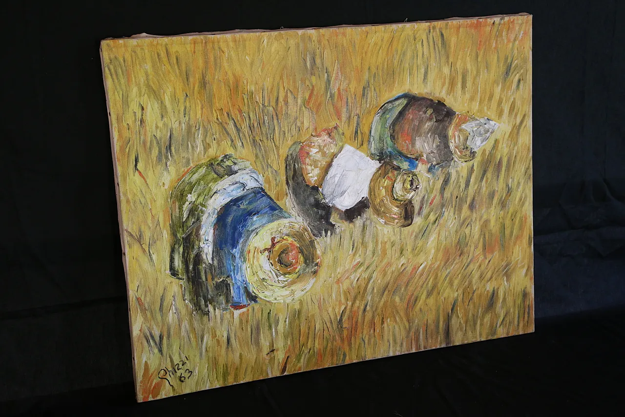 The gleaners oil on spatula textured impressionist canvas, 70s 5