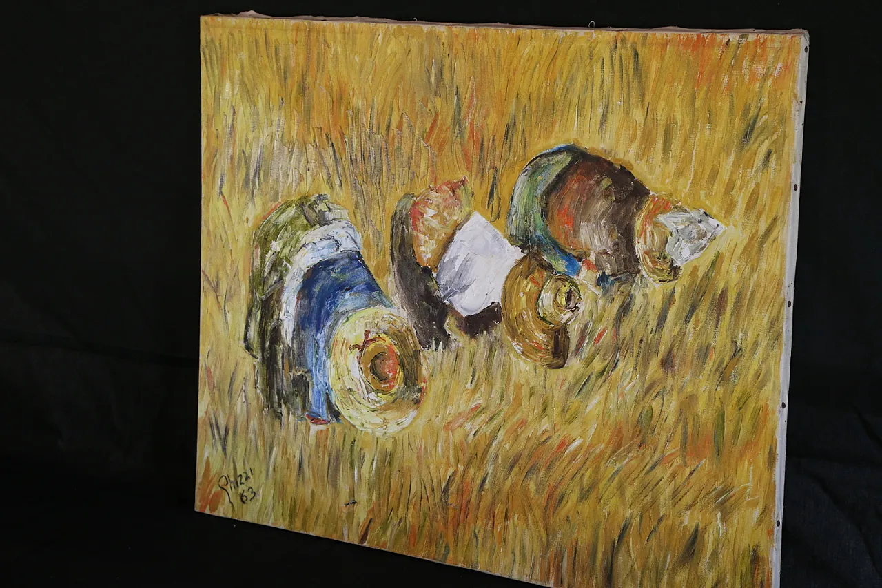 The gleaners oil on spatula textured impressionist canvas, 70s 6