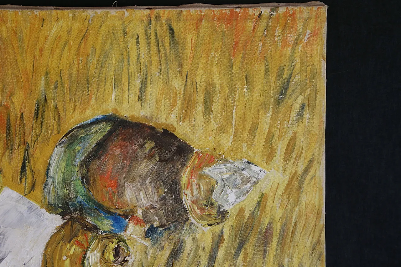 The gleaners oil on spatula textured impressionist canvas, 70s 8