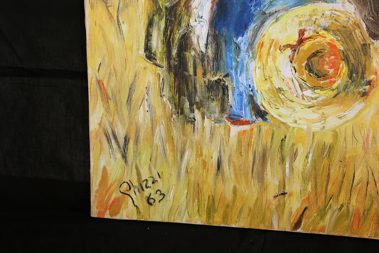 The gleaners oil on spatula textured impressionist canvas, 70s 9