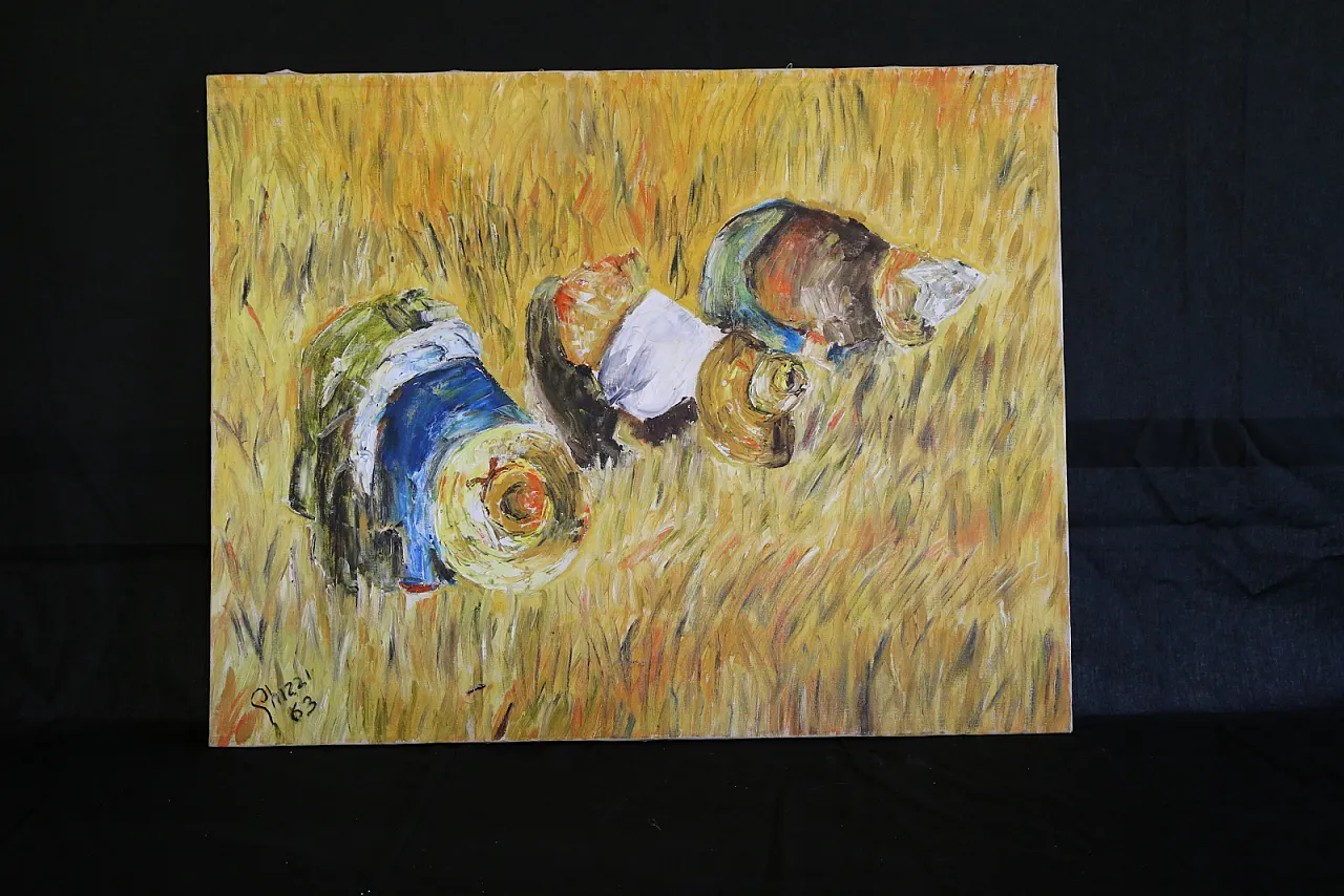 The gleaners oil on spatula textured impressionist canvas, 70s 10