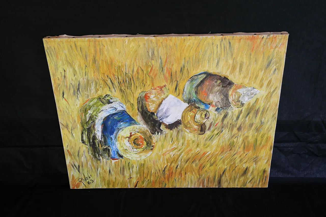 The gleaners oil on spatula textured impressionist canvas, 70s 11