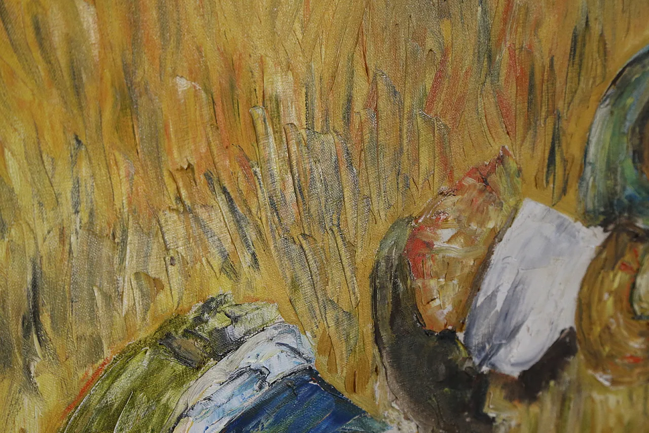 The gleaners oil on spatula textured impressionist canvas, 70s 12