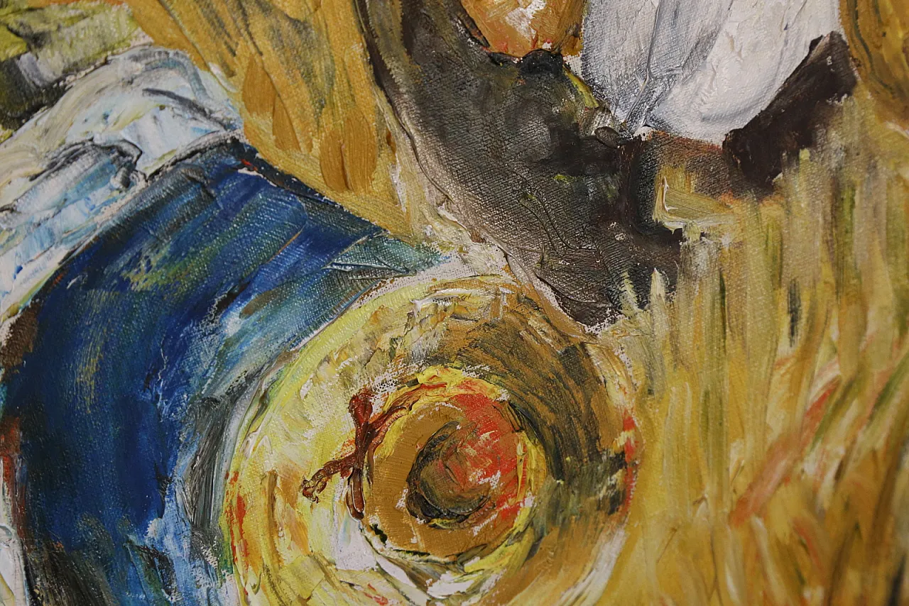 The gleaners oil on spatula textured impressionist canvas, 70s 13