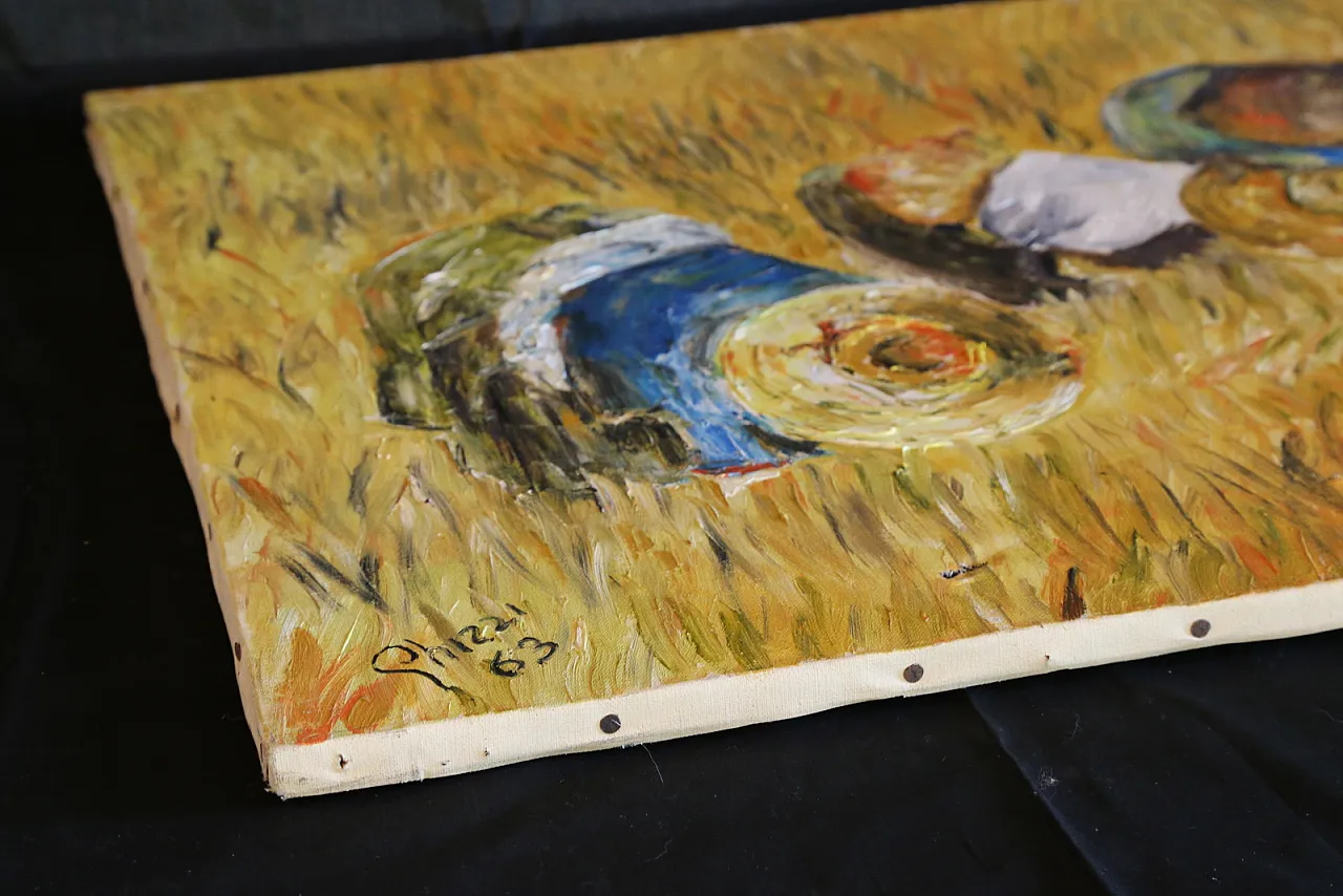 The gleaners oil on spatula textured impressionist canvas, 70s 16