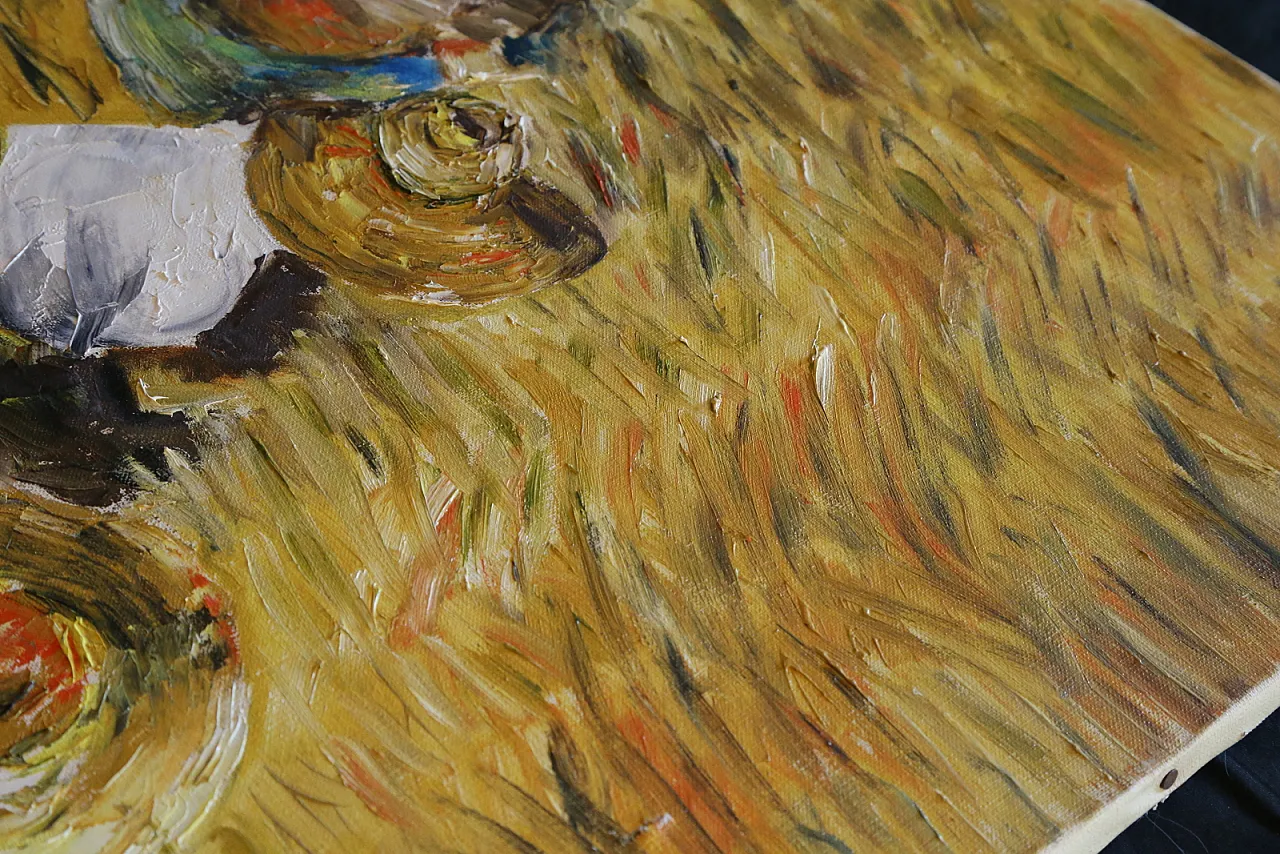 The gleaners oil on spatula textured impressionist canvas, 70s 18