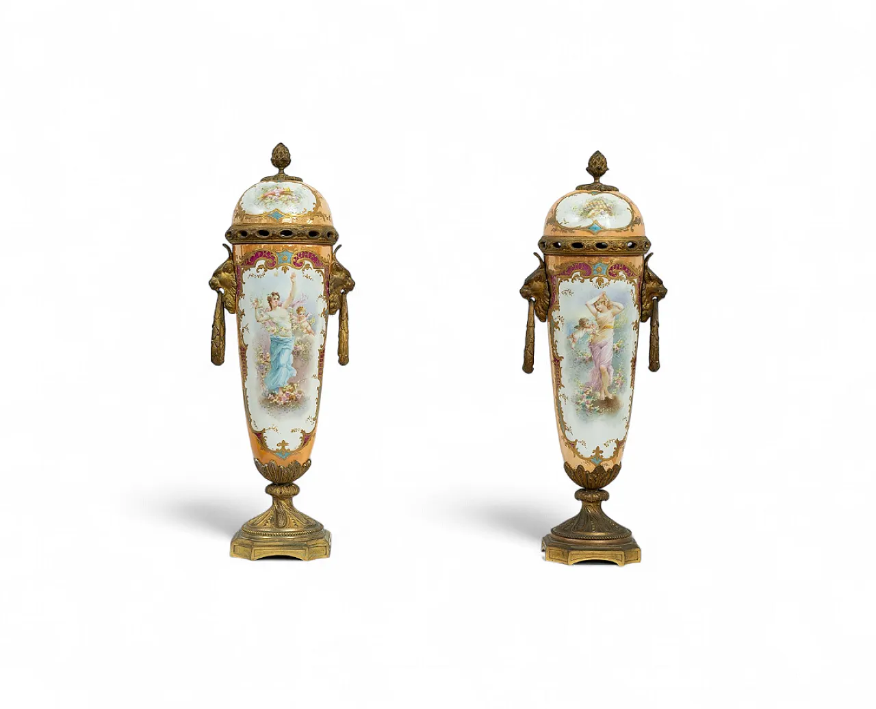Pair of Napoleon III vases in polychrome Sevres porcelain, 19th c. 8