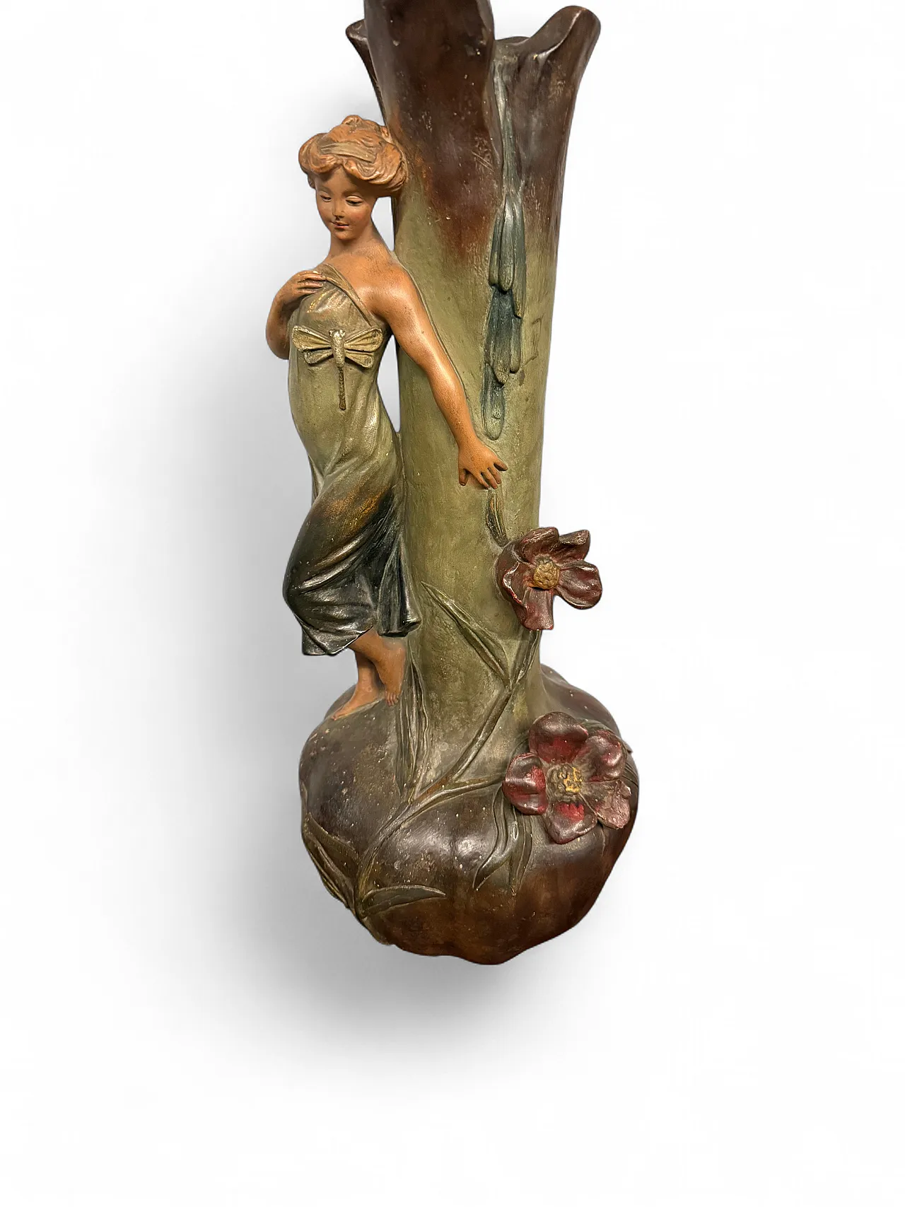 Vaso in terracotta barbotine, dama con libellula Francia liberty, '900 11