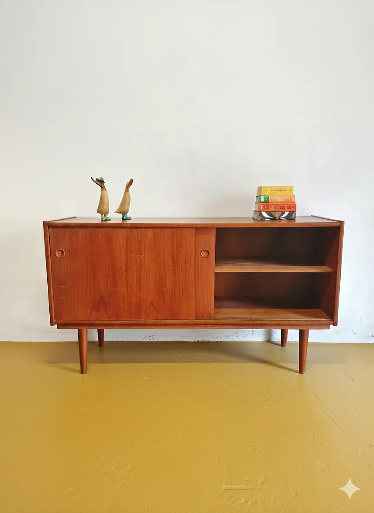 Teak sideboard with sliding doors and drawers, Denmark, 1950s 5