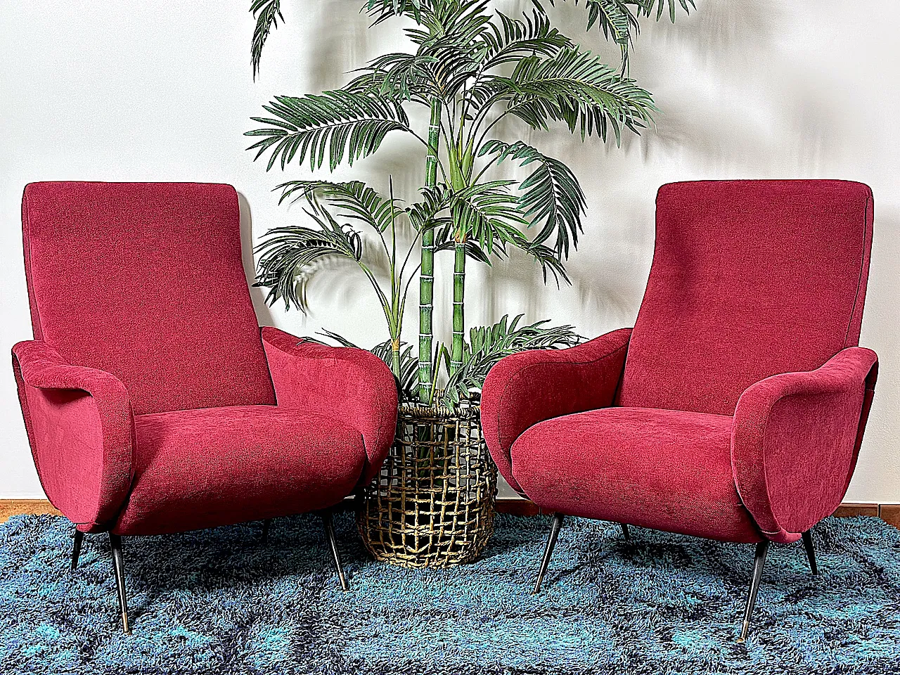 Pair of Lady armchairs attr. to Marco Zanus ruby fabric, 1950s 1